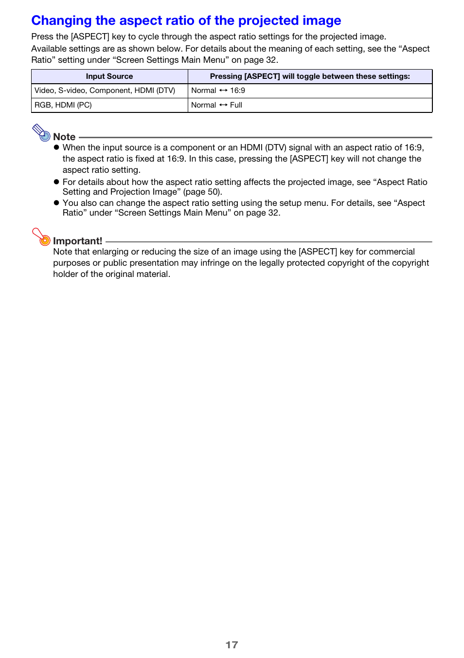 Changing the aspect ratio of the projected image | Casio XJ-H1650  EN User Manual | Page 17 / 64
