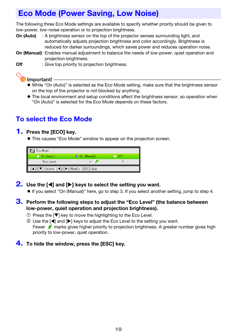 Eco mode (power saving, low noise), To select the eco mode | Casio XJ-H1650  EN User Manual | Page 19 / 64