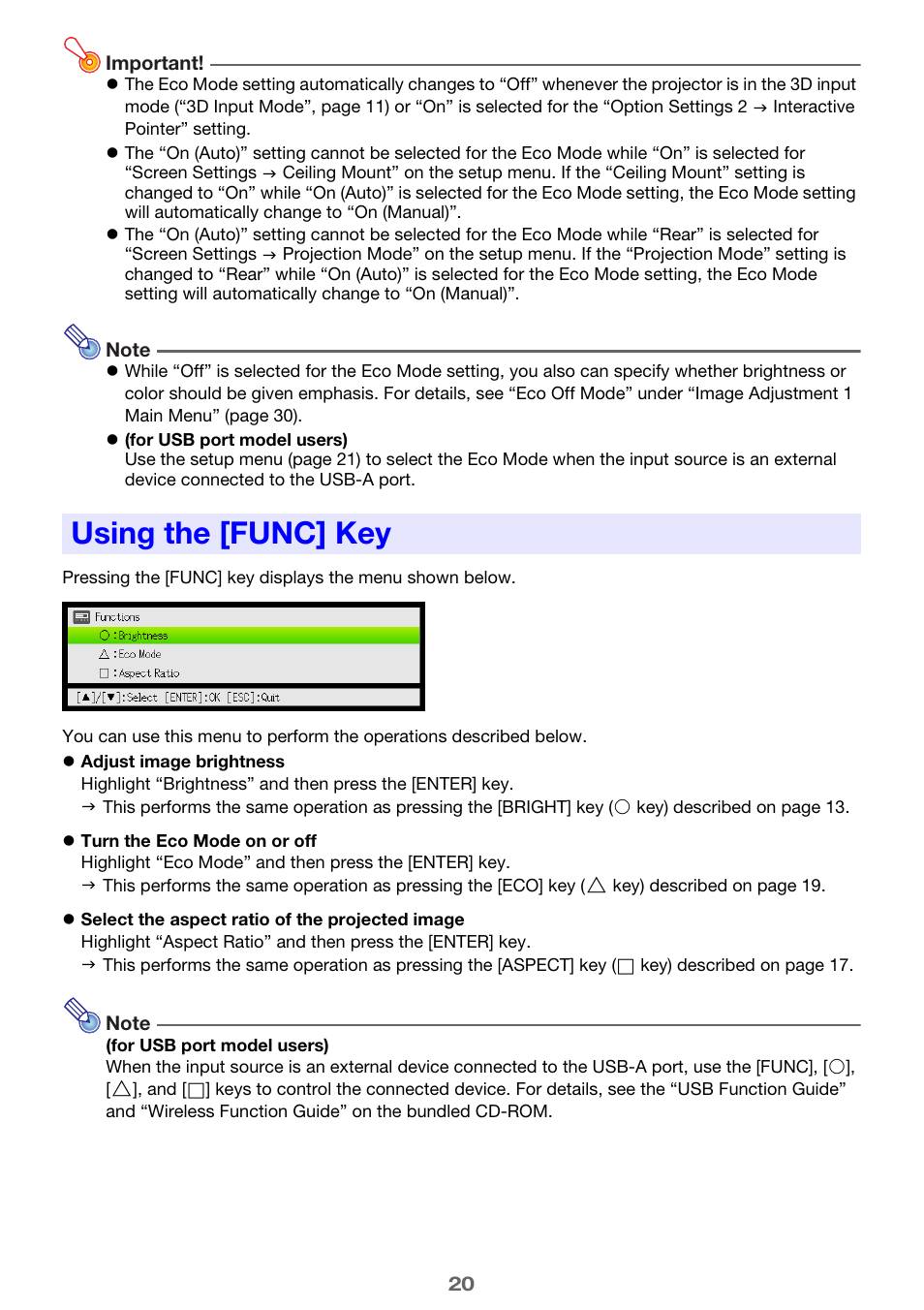 Using the [func] key | Casio XJ-H1650  EN User Manual | Page 20 / 64