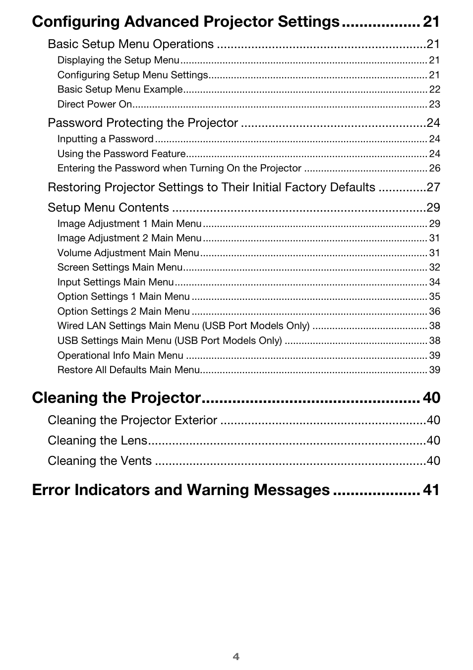 Configuring advanced projector settings, Cleaning the projector, Error indicators and warning messages | Casio XJ-H1650  EN User Manual | Page 4 / 64