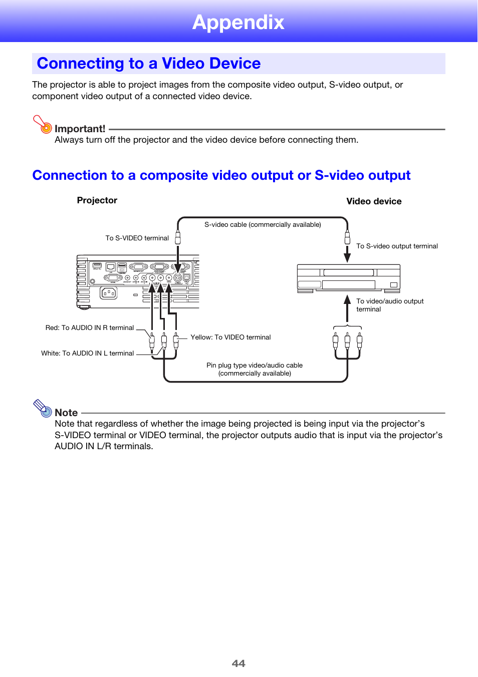 Appendix, Connecting to a video device | Casio XJ-H1650  EN User Manual | Page 44 / 64