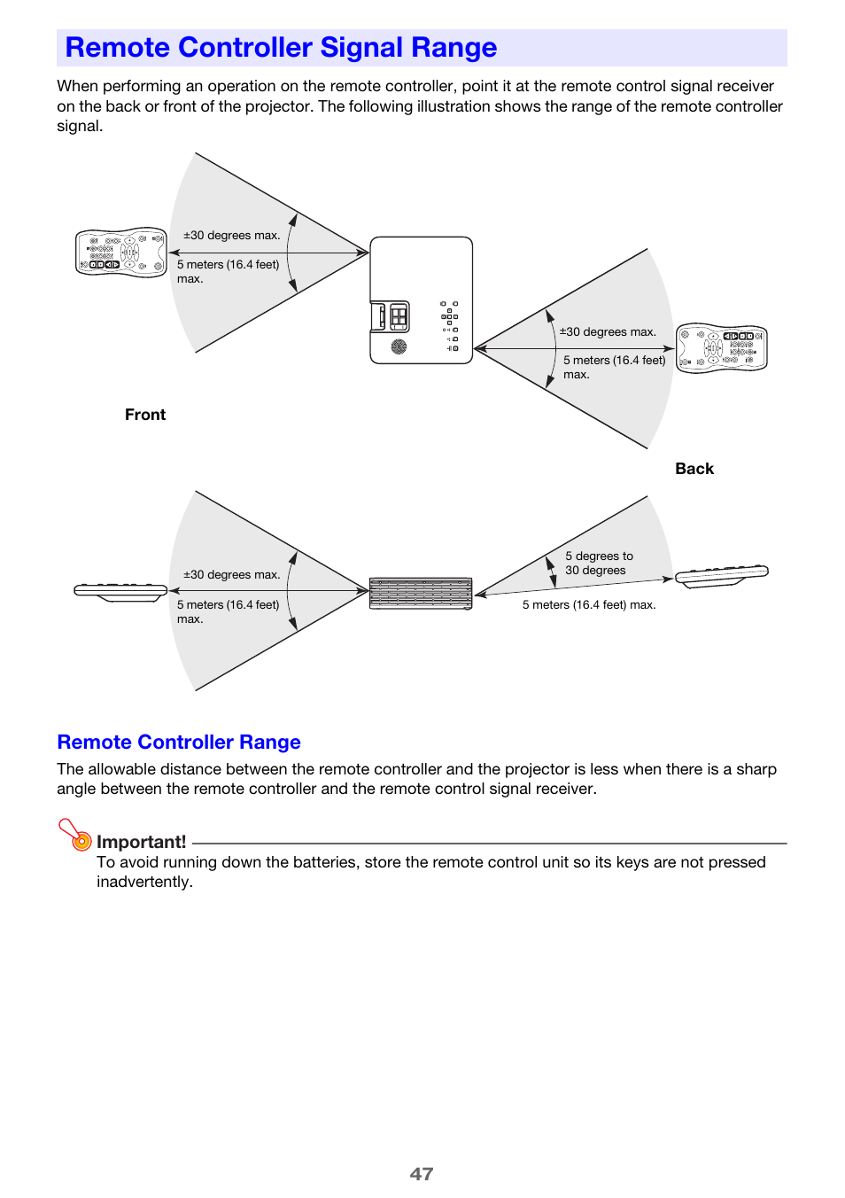 Remote controller signal range, Remote controller range | Casio XJ-H1650  EN User Manual | Page 47 / 64
