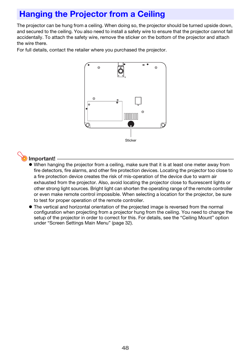 Hanging the projector from a ceiling | Casio XJ-H1650  EN User Manual | Page 48 / 64