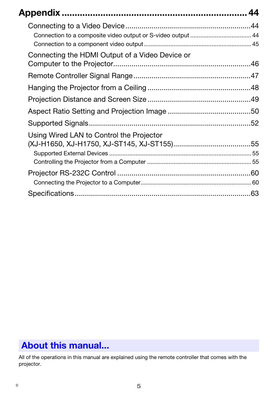 About this manual, Appendix | Casio XJ-H1650  EN User Manual | Page 5 / 64