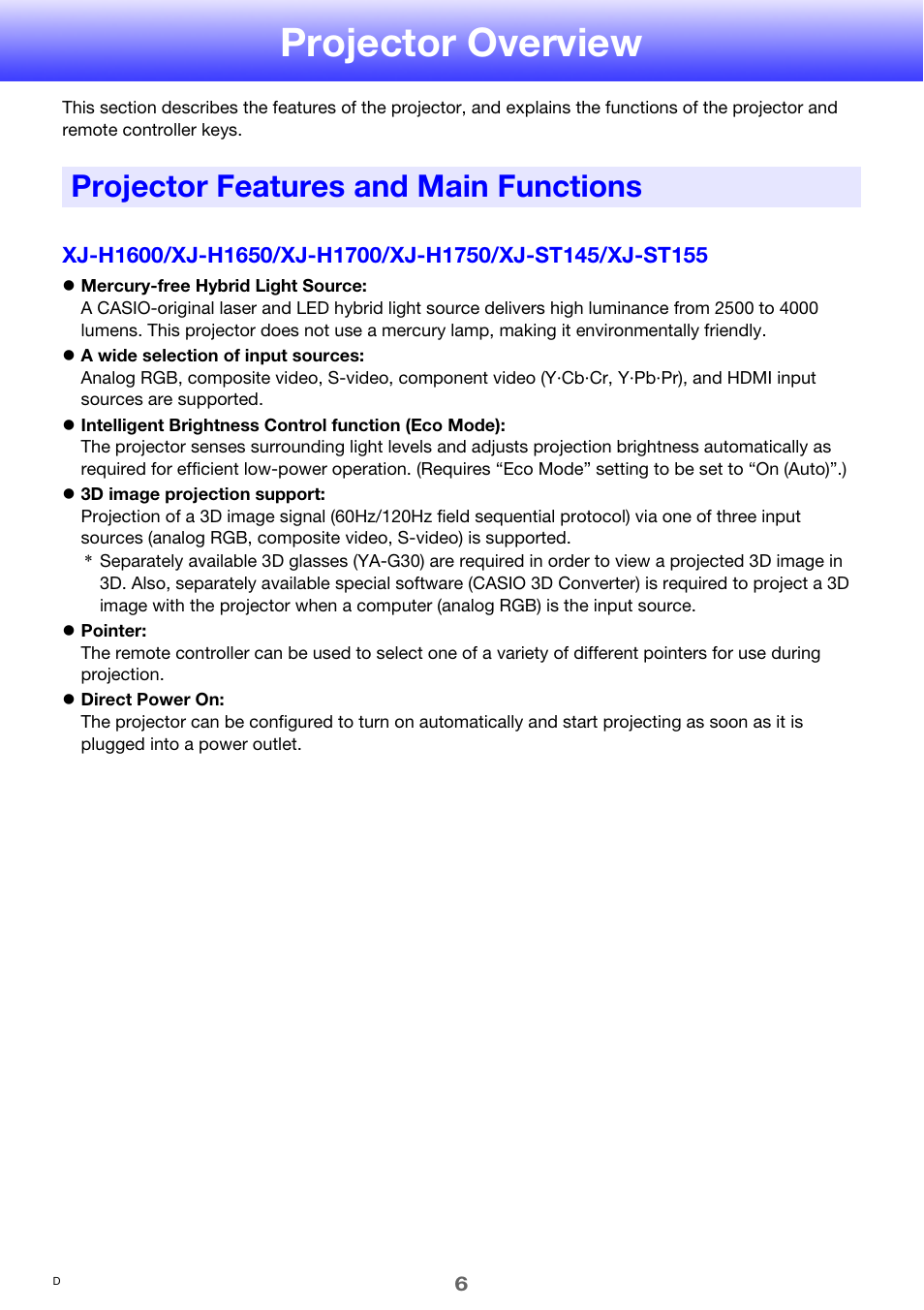 Projector overview, Projector features and main functions | Casio XJ-H1650  EN User Manual | Page 6 / 64