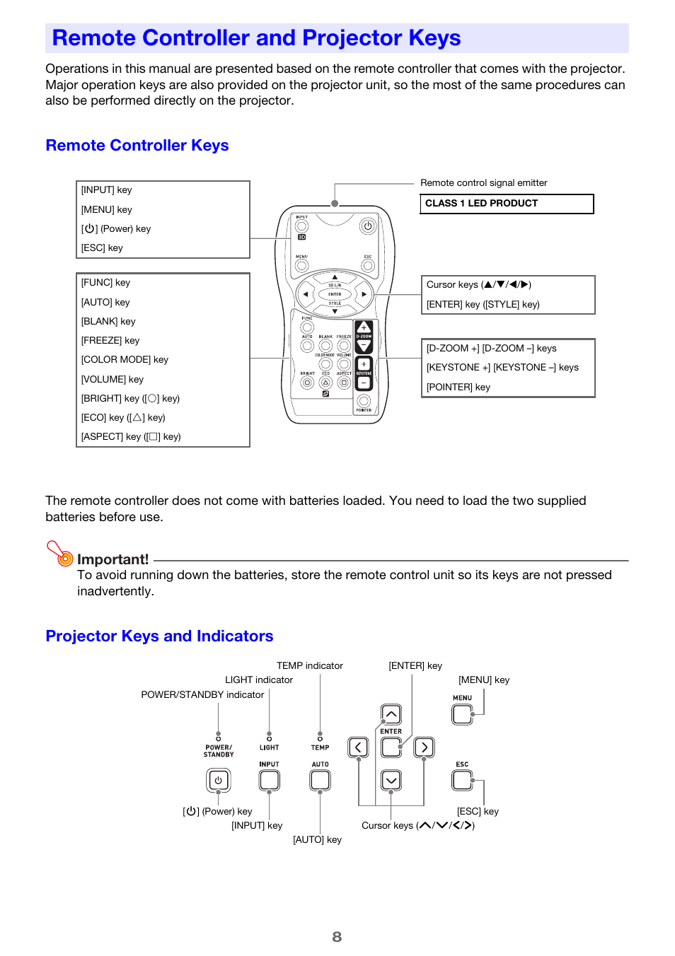 Remote controller and projector keys, Remote controller keys, Projector keys and indicators | Important | Casio XJ-H1650  EN User Manual | Page 8 / 64