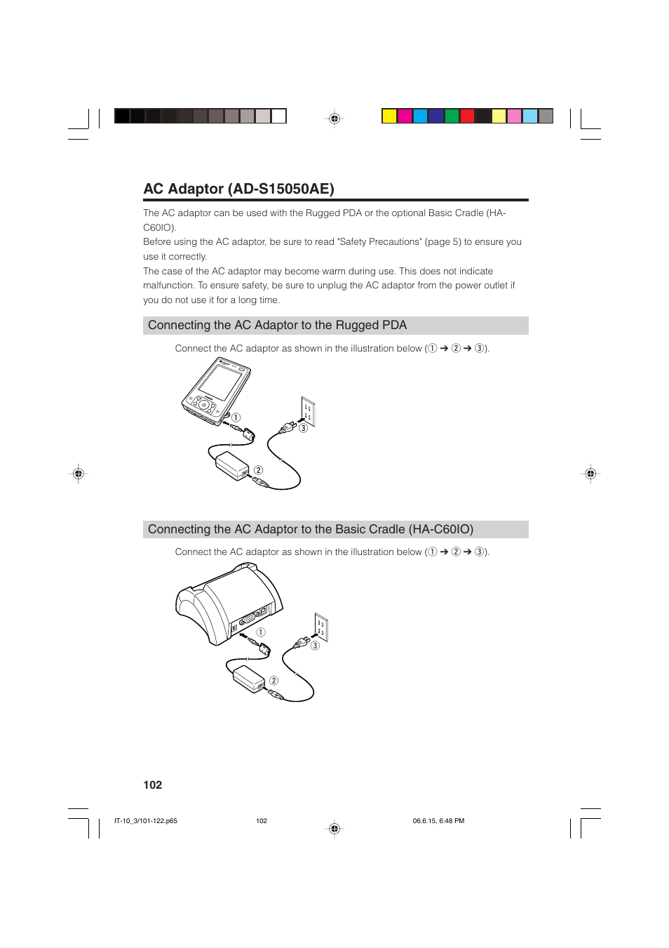 Connecting the ac adaptor to the rugged pda | Casio Stylus User Manual | Page 102 / 126