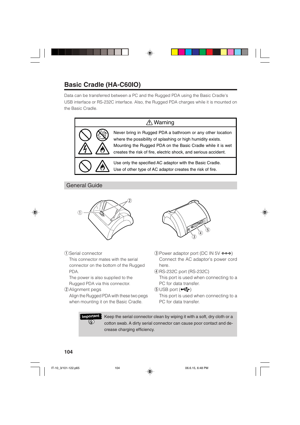 Basic cradle (ha-c60io), Warning general guide | Casio Stylus User Manual | Page 104 / 126