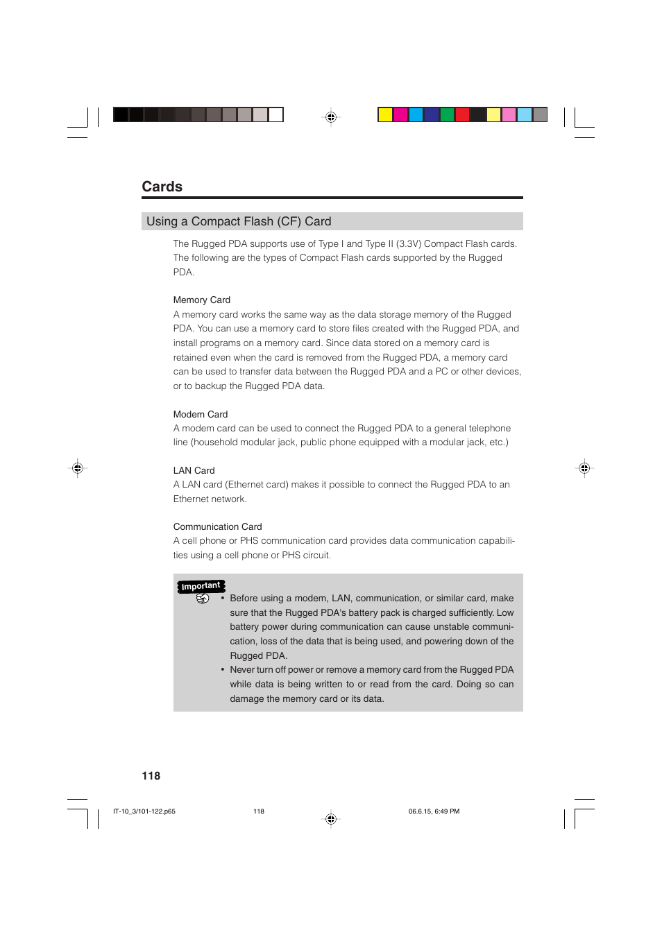 Cards, Using a compact flash (cf) card | Casio Stylus User Manual | Page 118 / 126