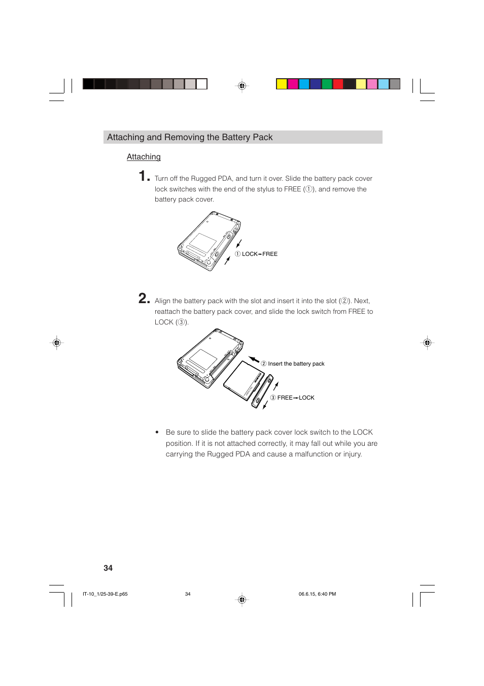 Attaching and removing the battery pack | Casio Stylus User Manual | Page 34 / 126