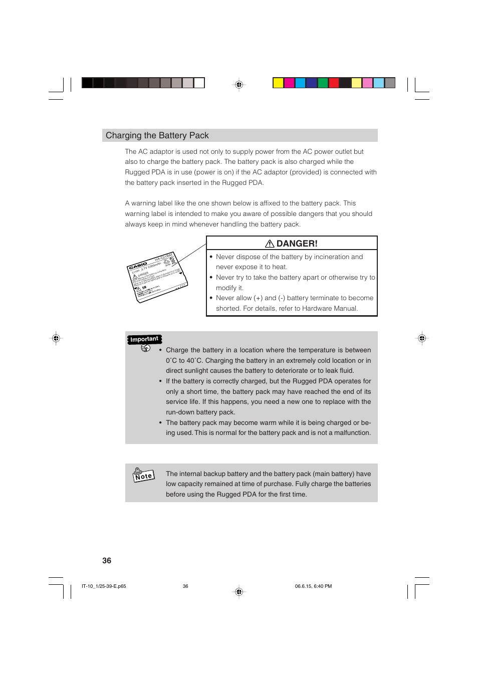 Charging the battery pack, Danger | Casio Stylus User Manual | Page 36 / 126