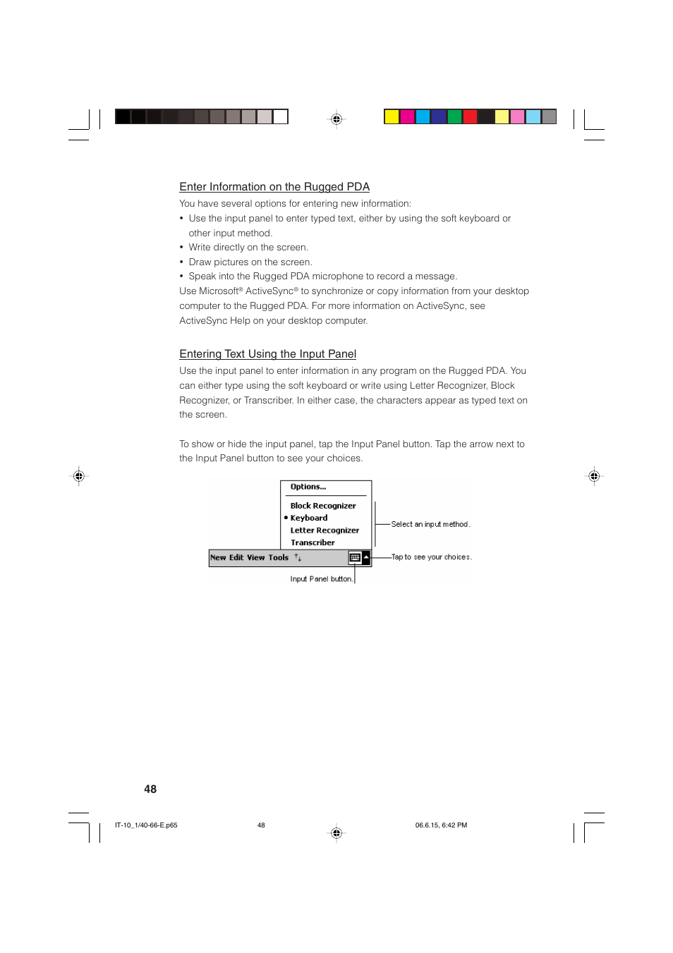 48 enter information on the rugged pda, Entering text using the input panel | Casio Stylus User Manual | Page 48 / 126