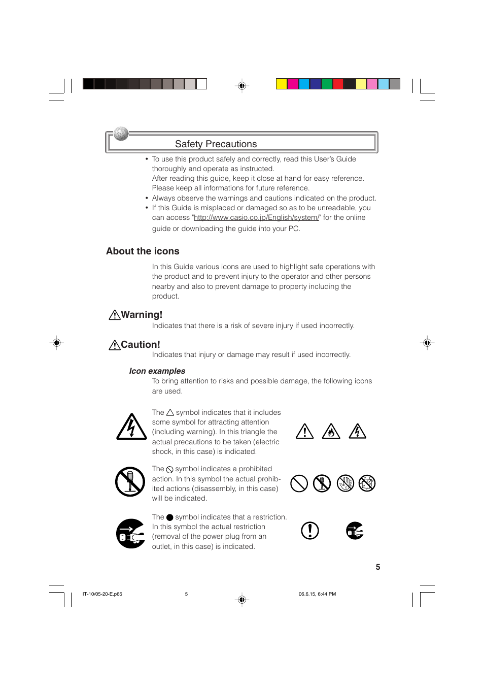 Safety precautions, About the icons, Warning! caution | Casio Stylus User Manual | Page 5 / 126