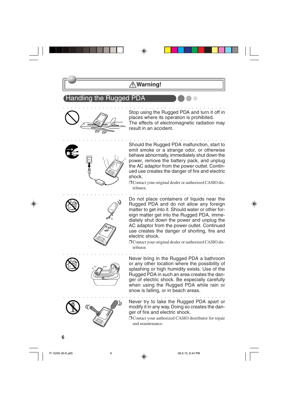 Handling the rugged pda, Warning | Casio Stylus User Manual | Page 6 / 126