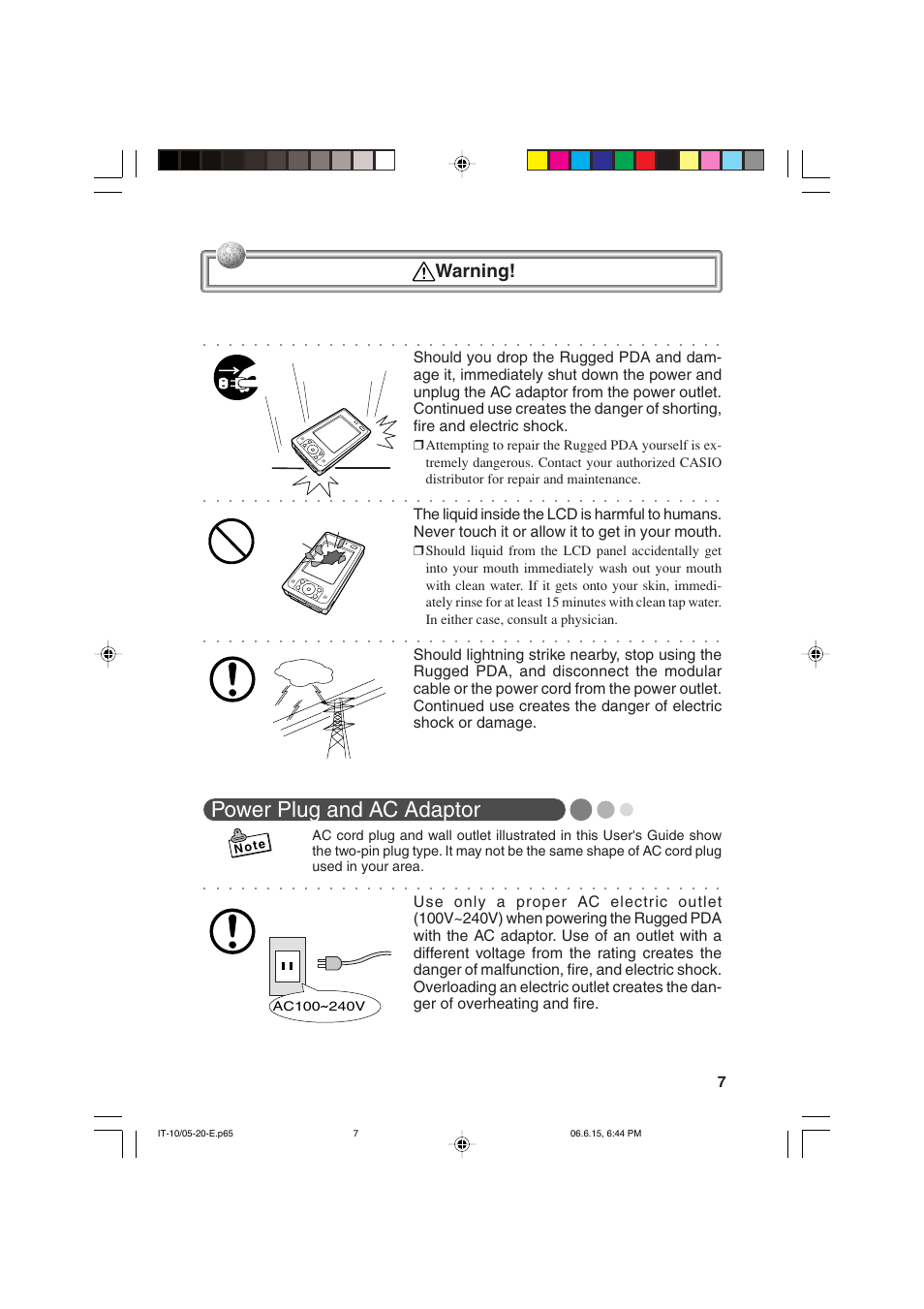Power plug and ac adaptor, Warning | Casio Stylus User Manual | Page 7 / 126
