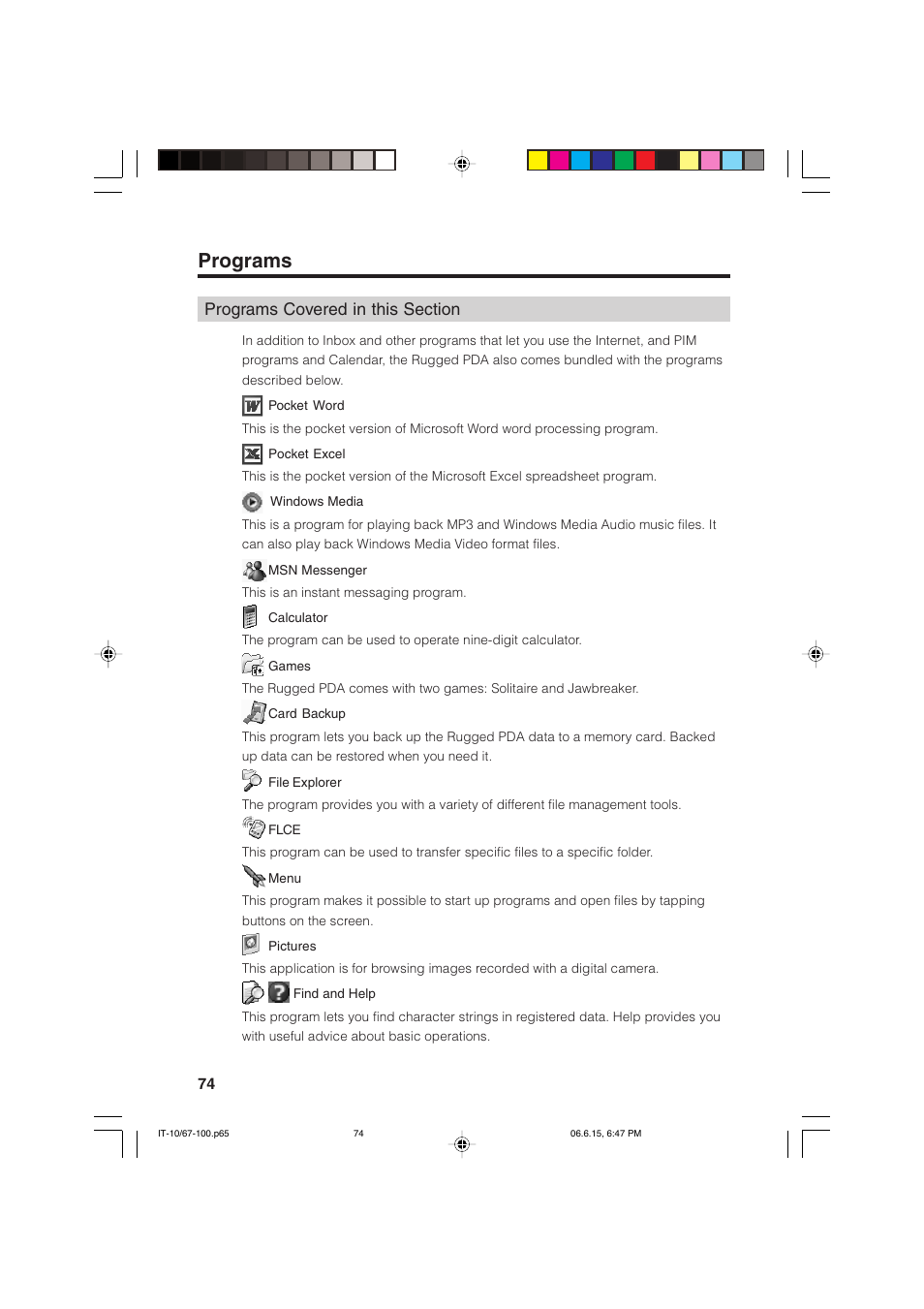 Programs | Casio Stylus User Manual | Page 74 / 126
