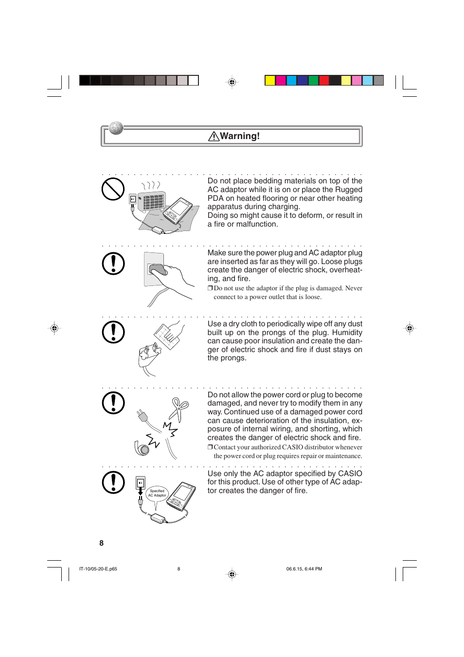 Warning | Casio Stylus User Manual | Page 8 / 126
