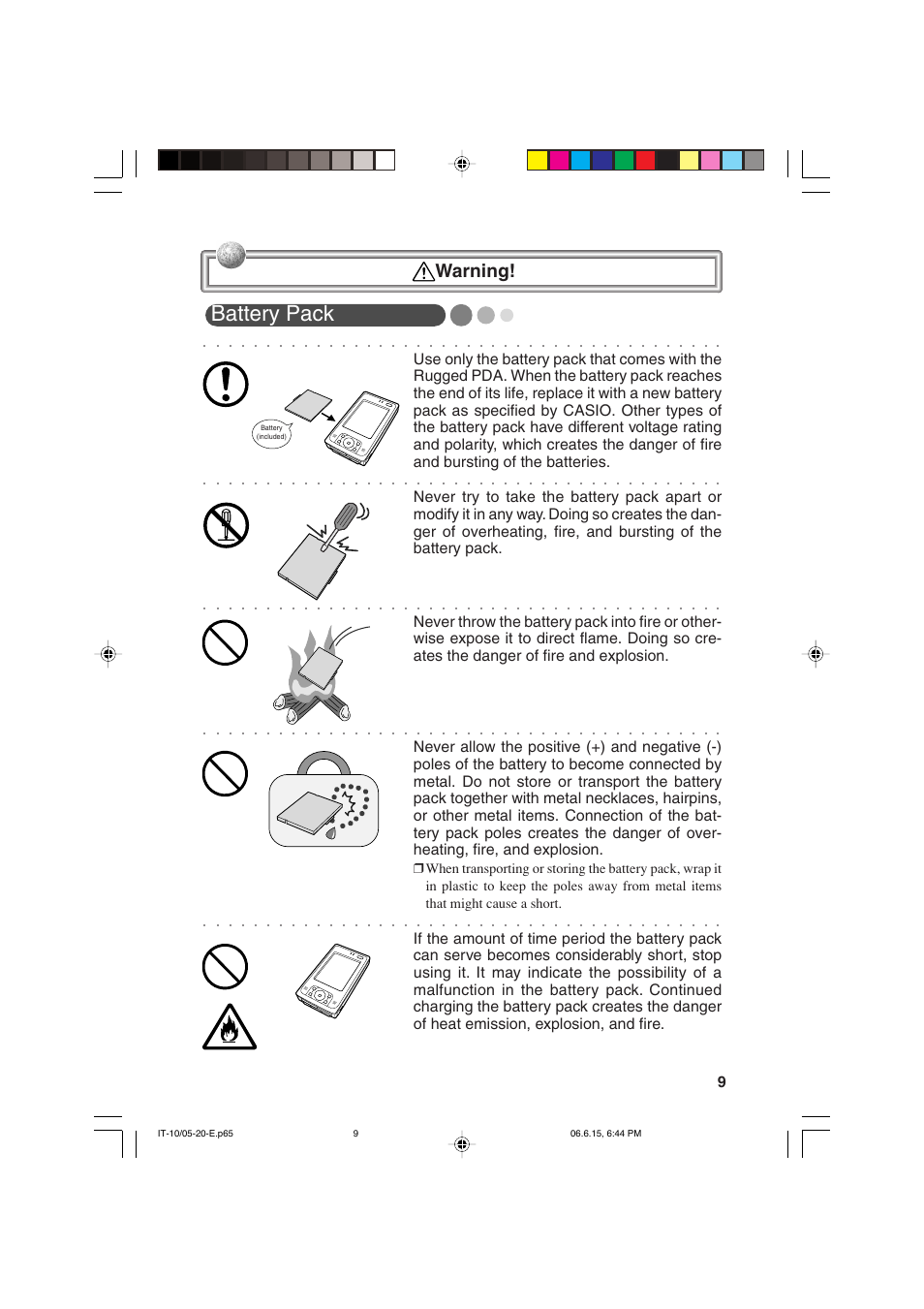 Battery pack, Warning | Casio Stylus User Manual | Page 9 / 126