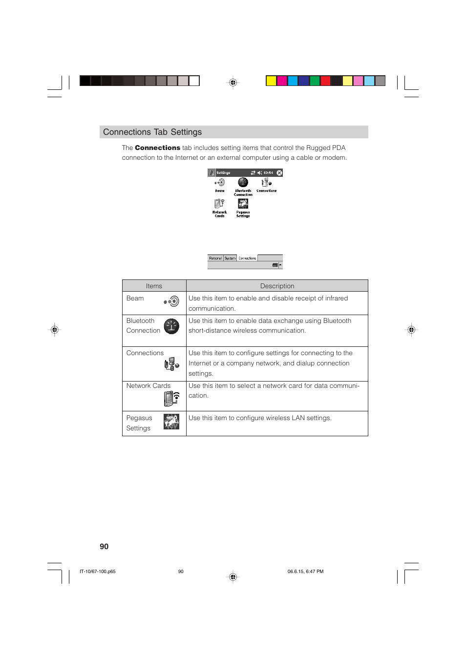 Connections tab settings | Casio Stylus User Manual | Page 90 / 126