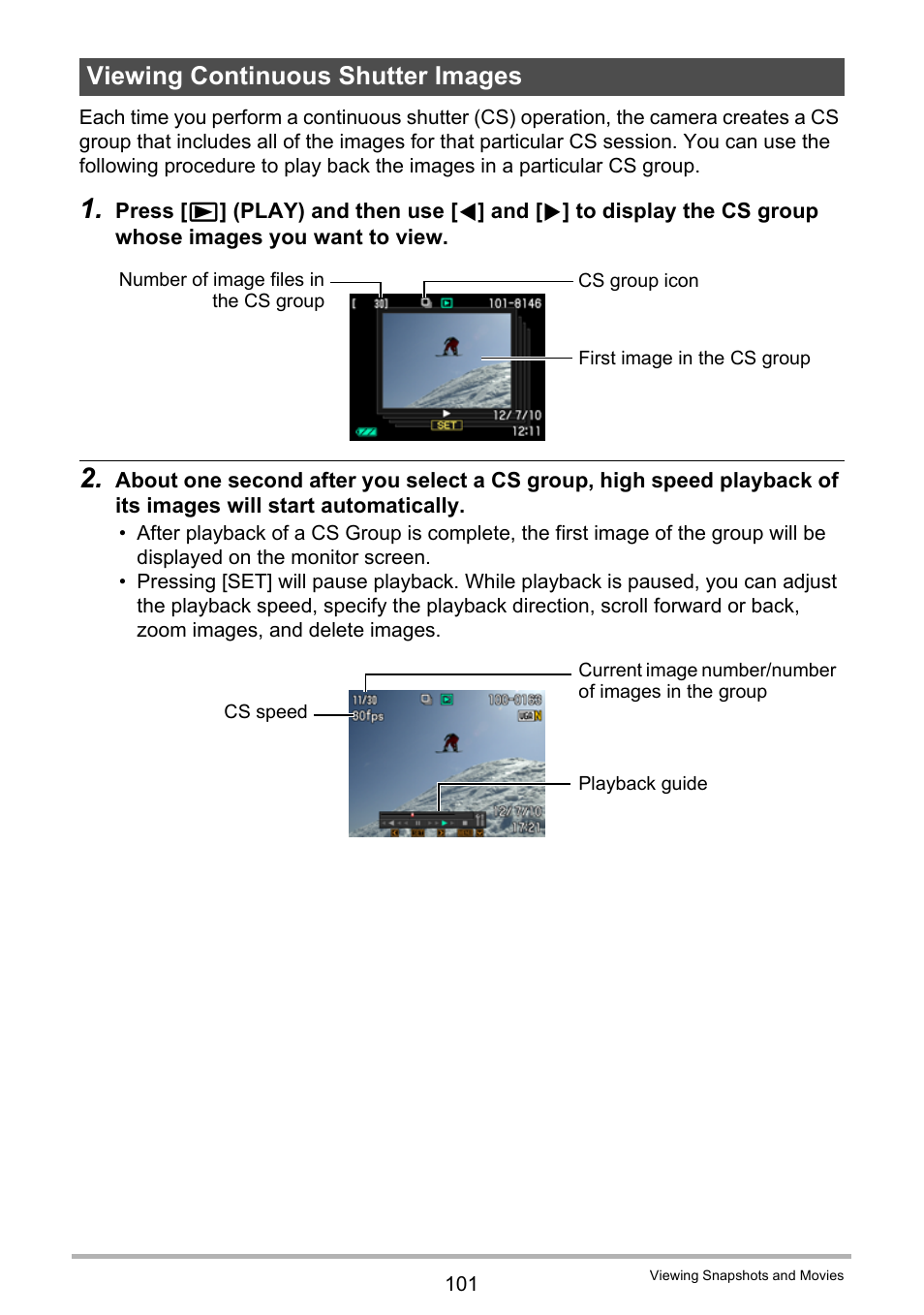 Viewing continuous shutter images | Casio EXILIM EX-ZR100 User Manual | Page 101 / 205