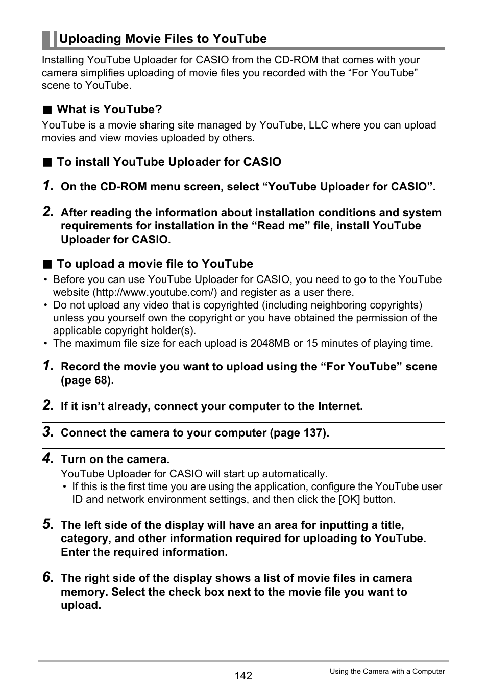 Uploading movie files to youtube | Casio EXILIM EX-ZR100 User Manual | Page 142 / 205