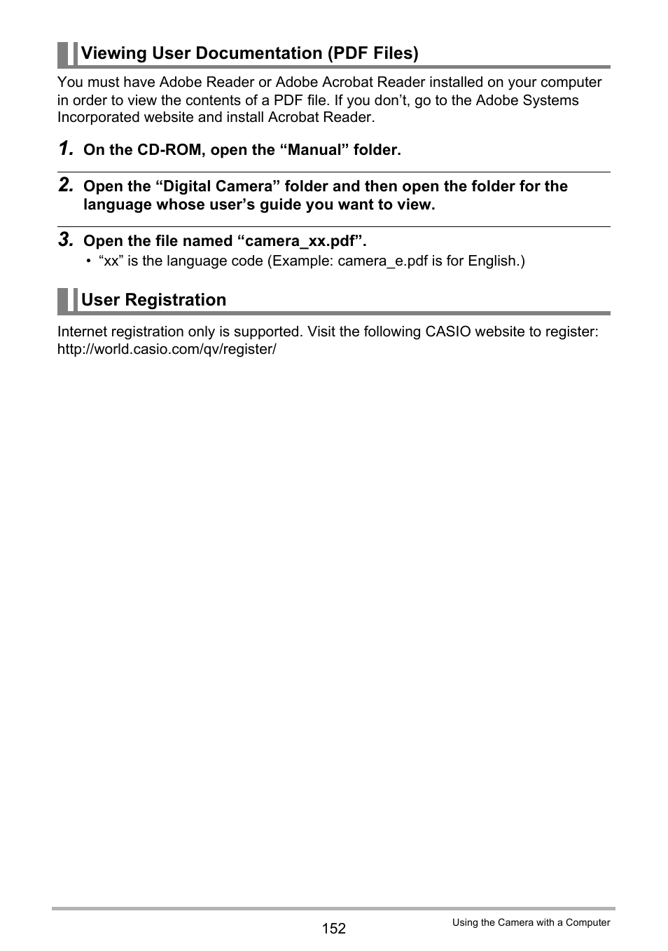 Viewing user documentation (pdf files), User registration | Casio EXILIM EX-ZR100 User Manual | Page 152 / 205