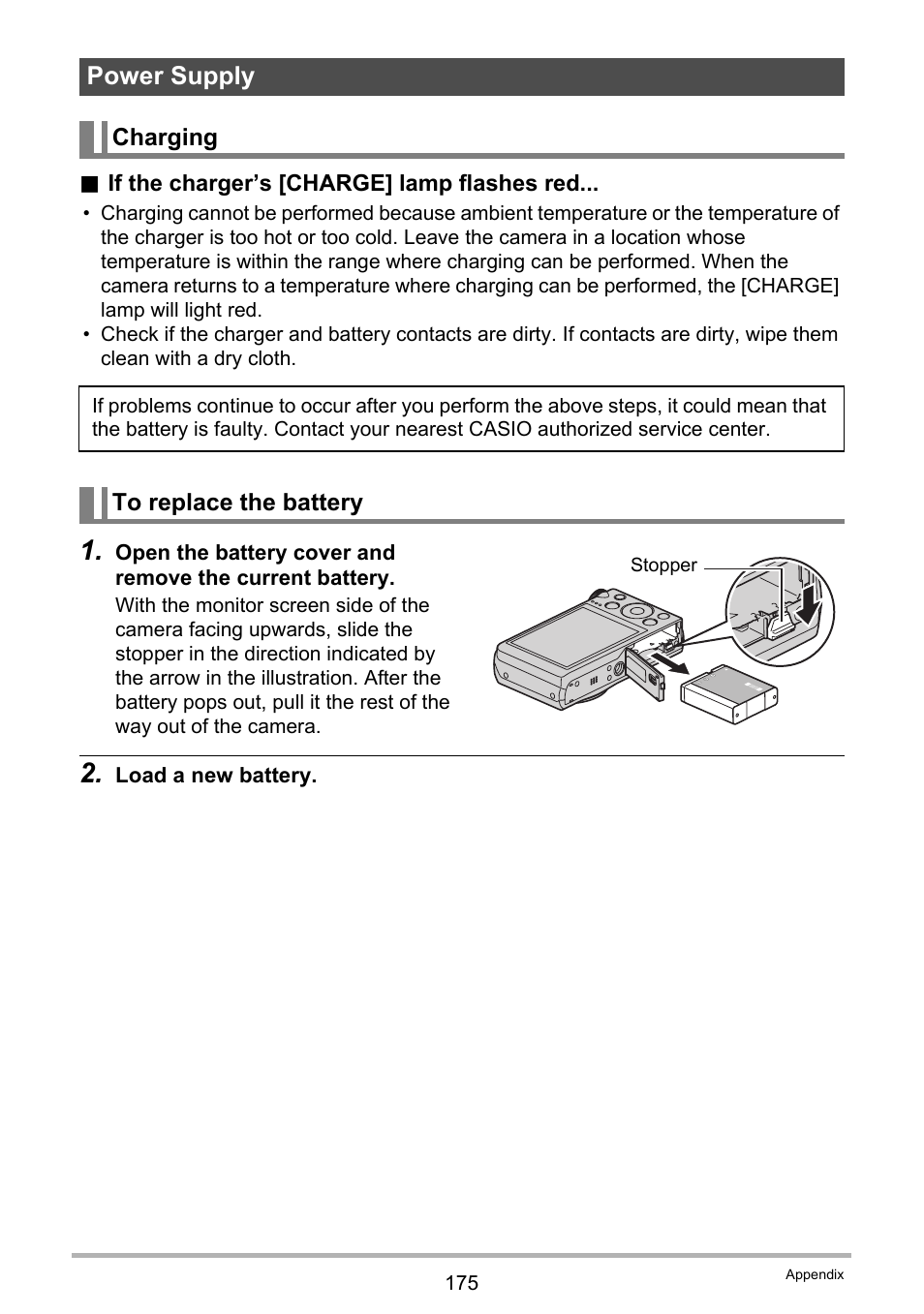 Power supply, Charging, To replace the battery | Casio EXILIM EX-ZR100 User Manual | Page 175 / 205