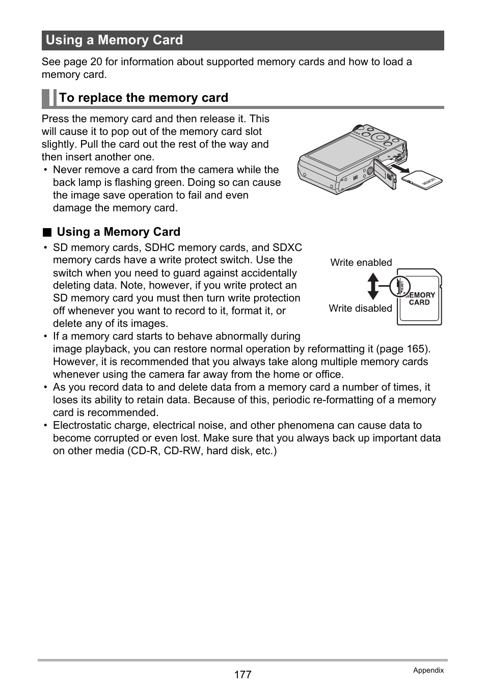 Using a memory card, To replace the memory card | Casio EXILIM EX-ZR100 User Manual | Page 177 / 205
