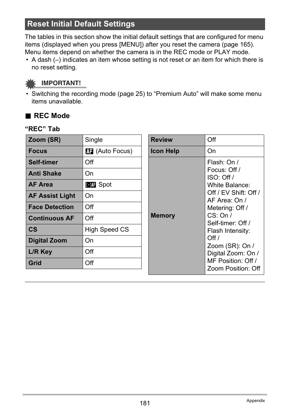 Reset initial default settings | Casio EXILIM EX-ZR100 User Manual | Page 181 / 205