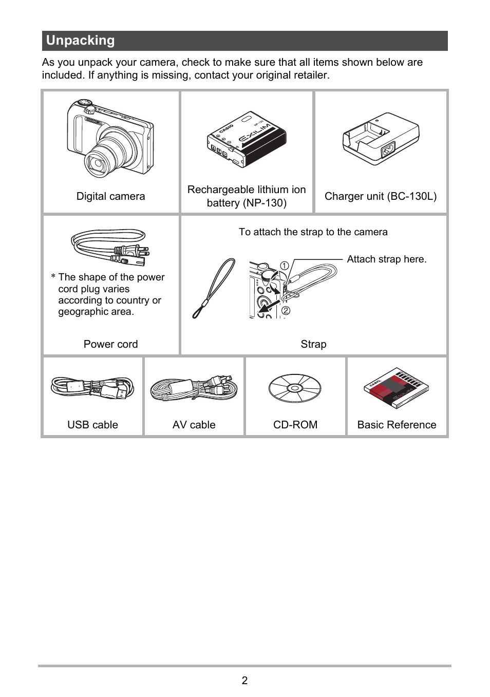 Unpacking | Casio EXILIM EX-ZR100 User Manual | Page 2 / 205