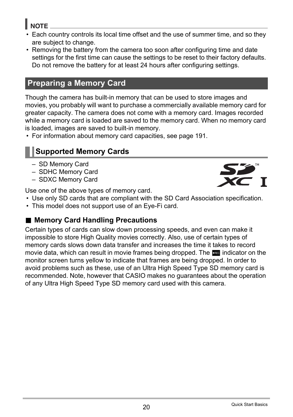 Preparing a memory card, Supported memory cards | Casio EXILIM EX-ZR100 User Manual | Page 20 / 205