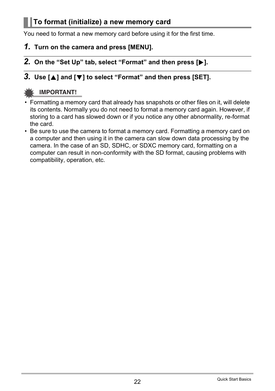 To format (initialize) a new memory card | Casio EXILIM EX-ZR100 User Manual | Page 22 / 205