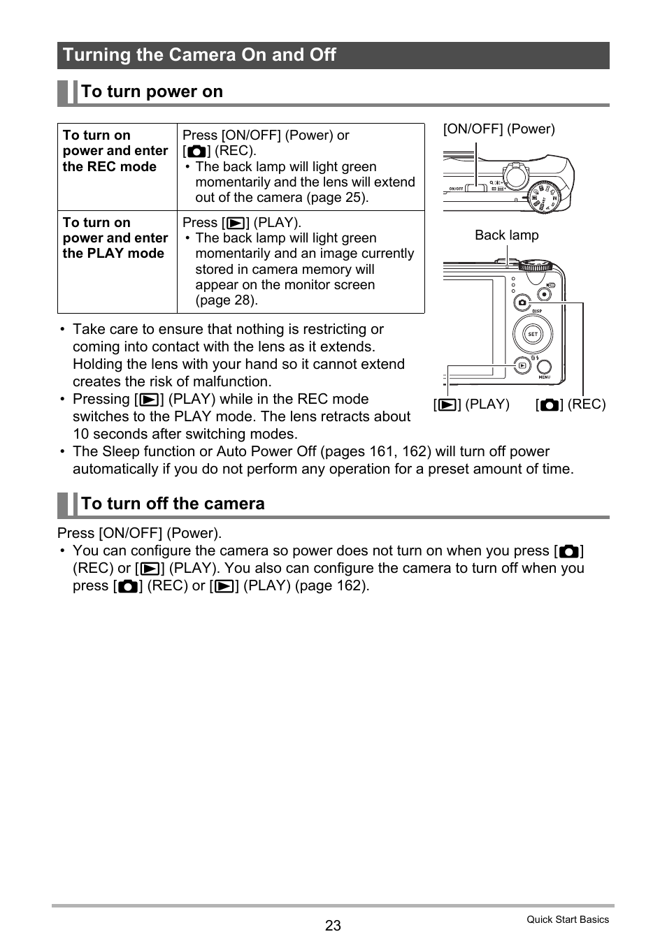 Turning the camera on and off, To turn power on, To turn off the camera | Casio EXILIM EX-ZR100 User Manual | Page 23 / 205