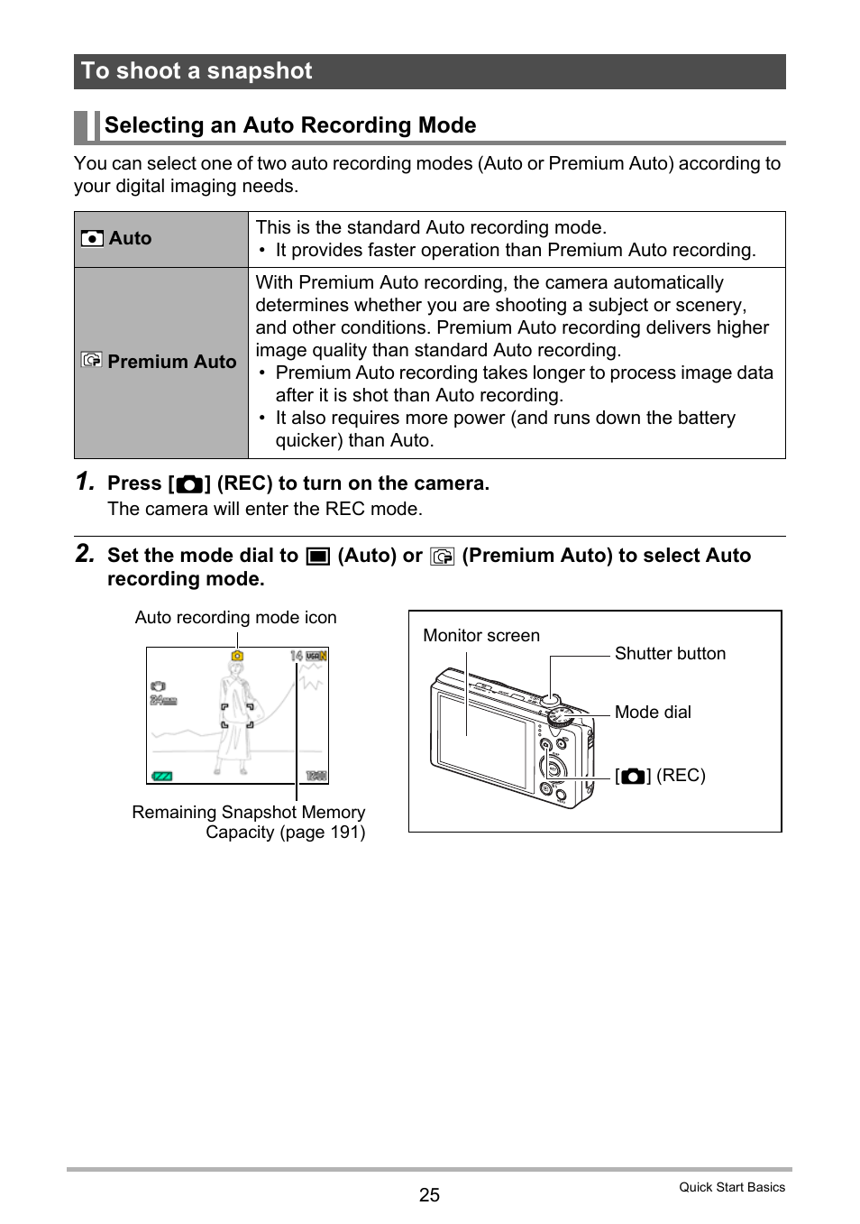 To shoot a snapshot, Selecting an auto recording mode, E 25 | Casio EXILIM EX-ZR100 User Manual | Page 25 / 205