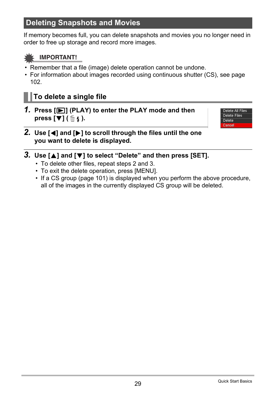 Deleting snapshots and movies, To delete a single file | Casio EXILIM EX-ZR100 User Manual | Page 29 / 205