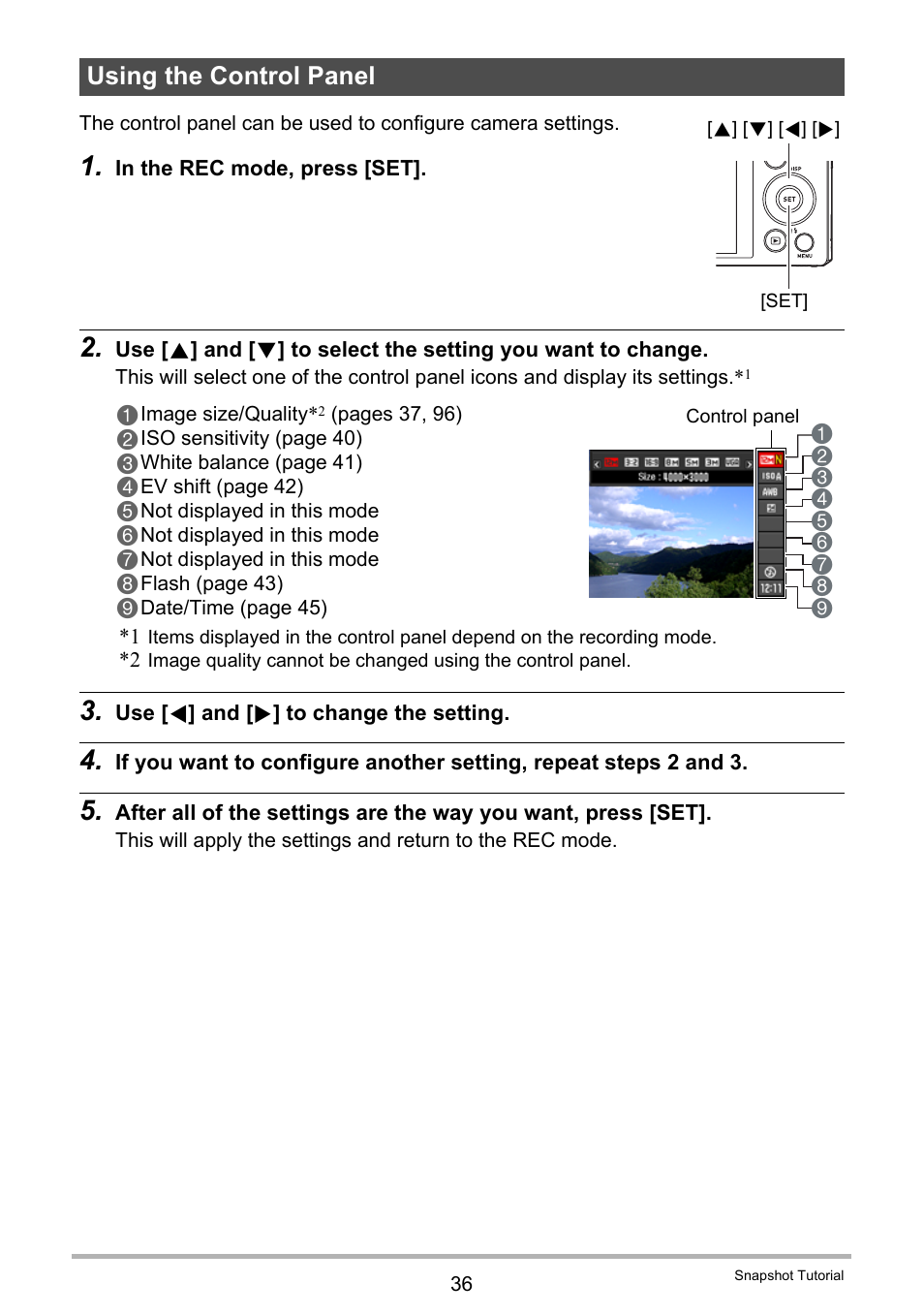 Using the control panel | Casio EXILIM EX-ZR100 User Manual | Page 36 / 205