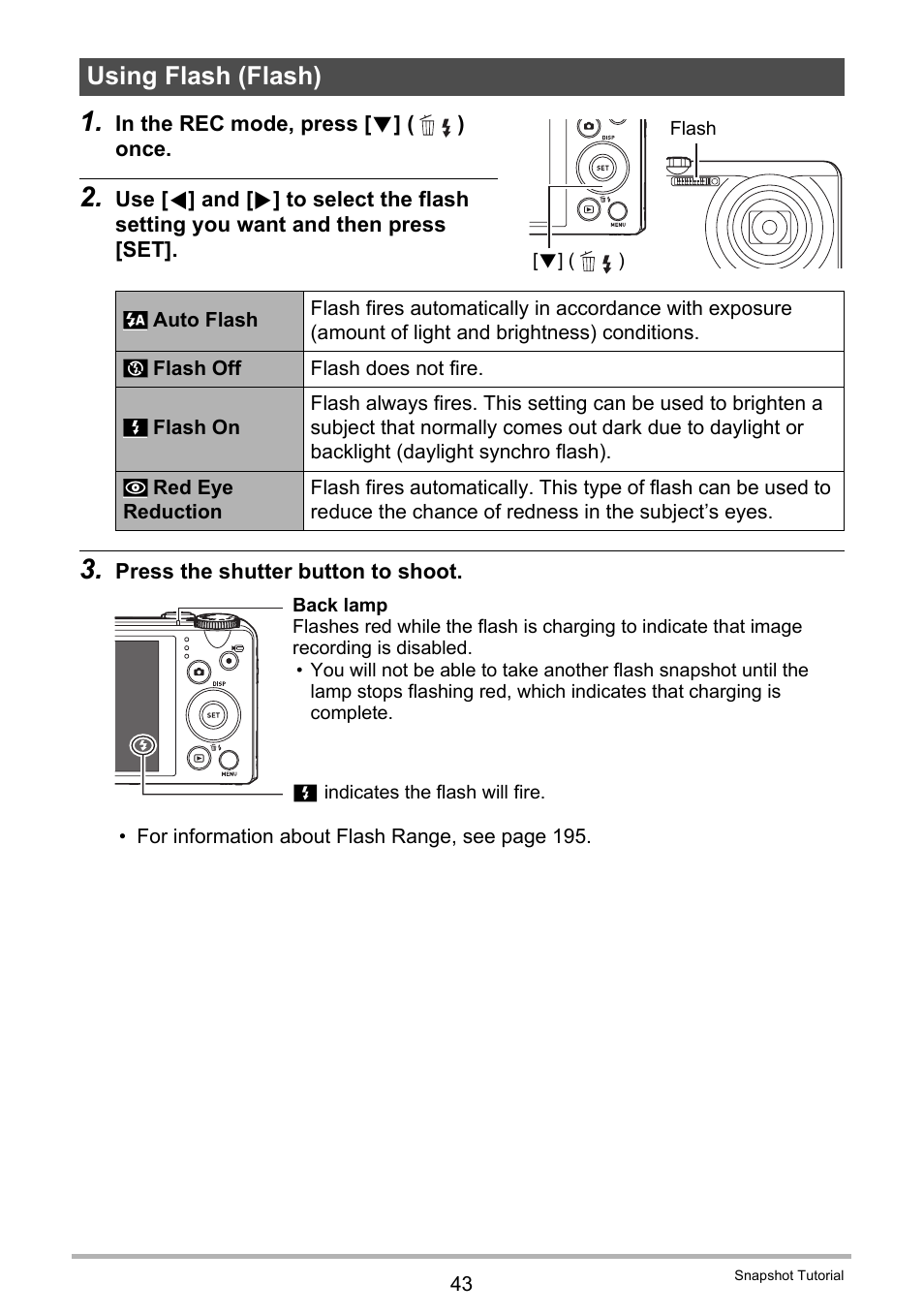 Using flash (flash) | Casio EXILIM EX-ZR100 User Manual | Page 43 / 205