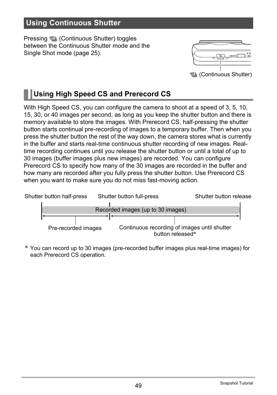 Using continuous shutter, Using high speed cs and prerecord cs | Casio EXILIM EX-ZR100 User Manual | Page 49 / 205