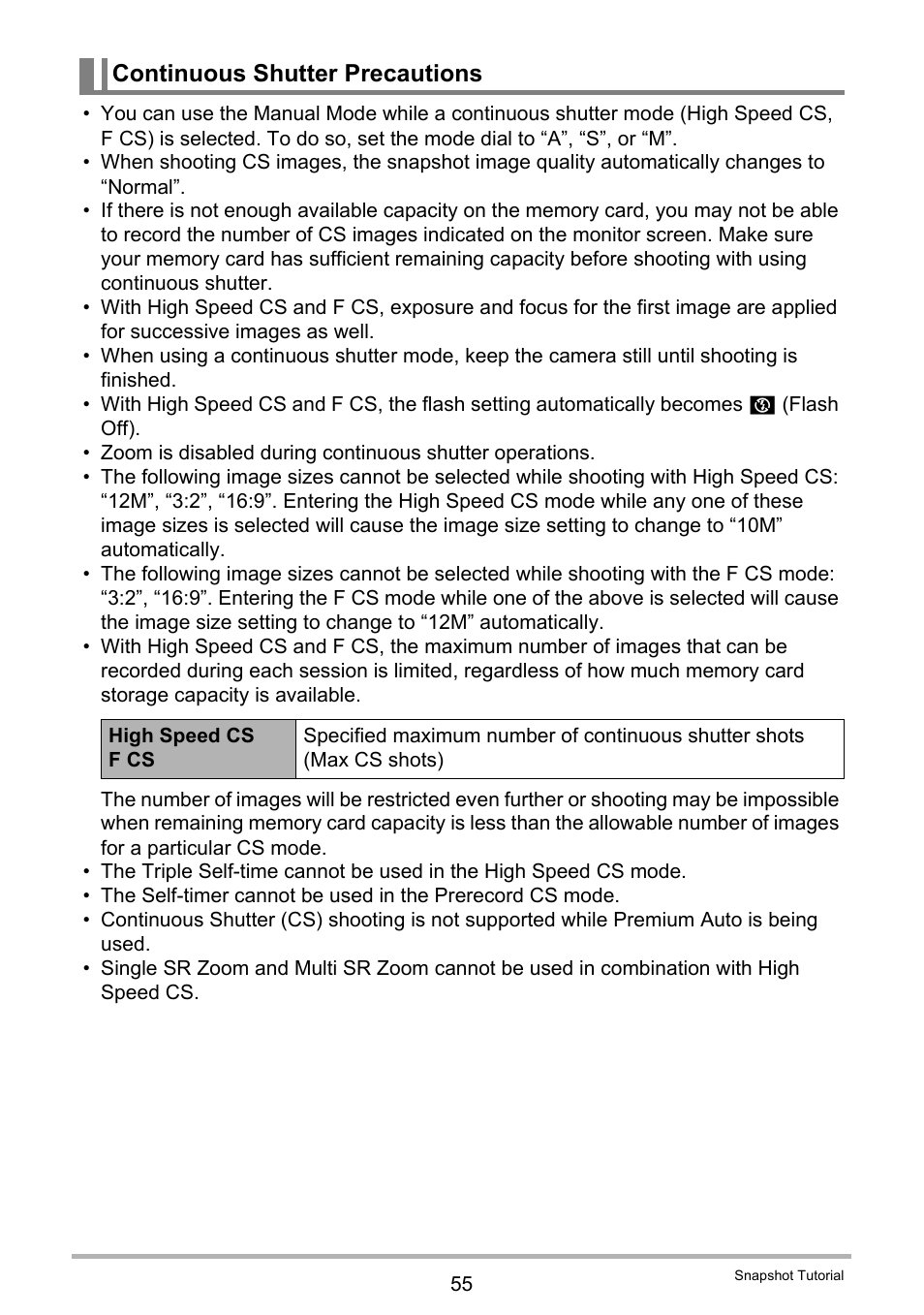 Continuous shutter precautions | Casio EXILIM EX-ZR100 User Manual | Page 55 / 205