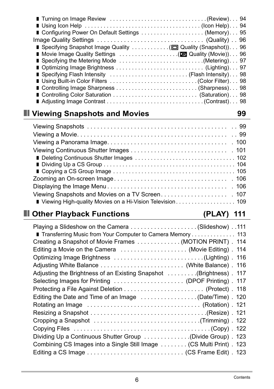 Viewing snapshots and movies 99, Other playback functions (play) 111 | Casio EXILIM EX-ZR100 User Manual | Page 6 / 205