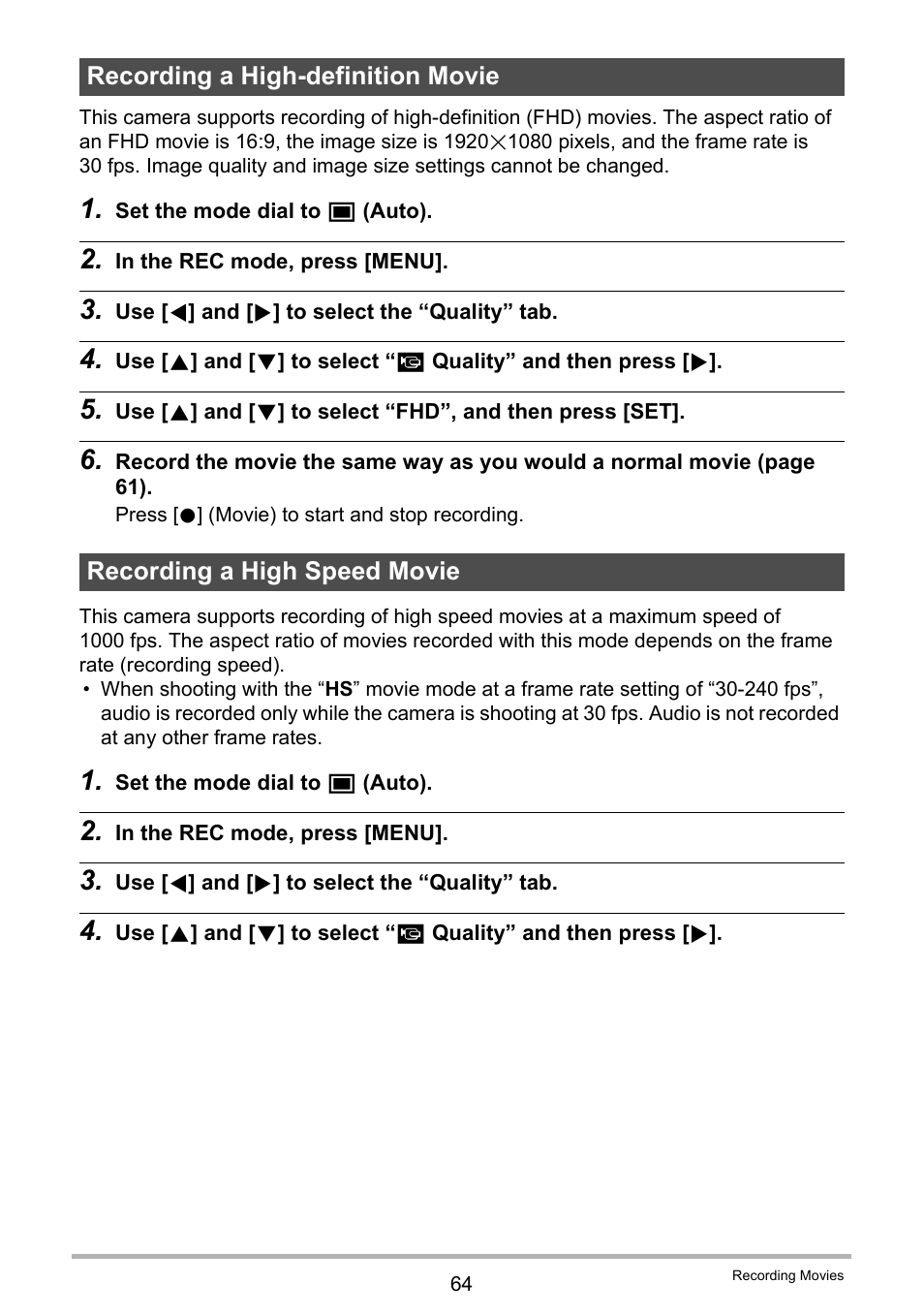 Recording a high-definition movie, Recording a high speed movie | Casio EXILIM EX-ZR100 User Manual | Page 64 / 205