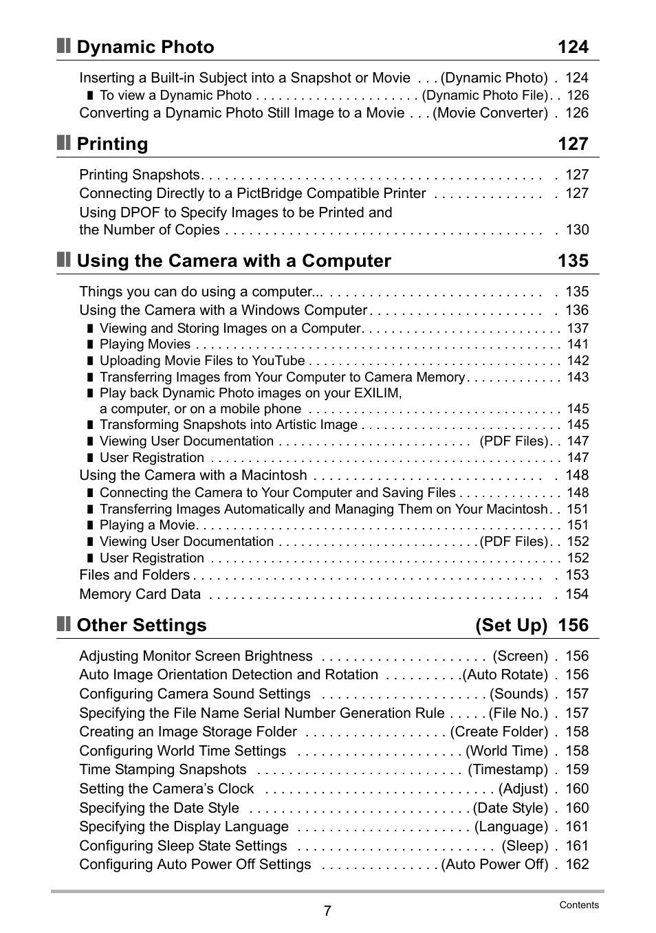 Dynamic photo 124, Printing 127, Using the camera with a computer 135 | Other settings (set up) 156 | Casio EXILIM EX-ZR100 User Manual | Page 7 / 205