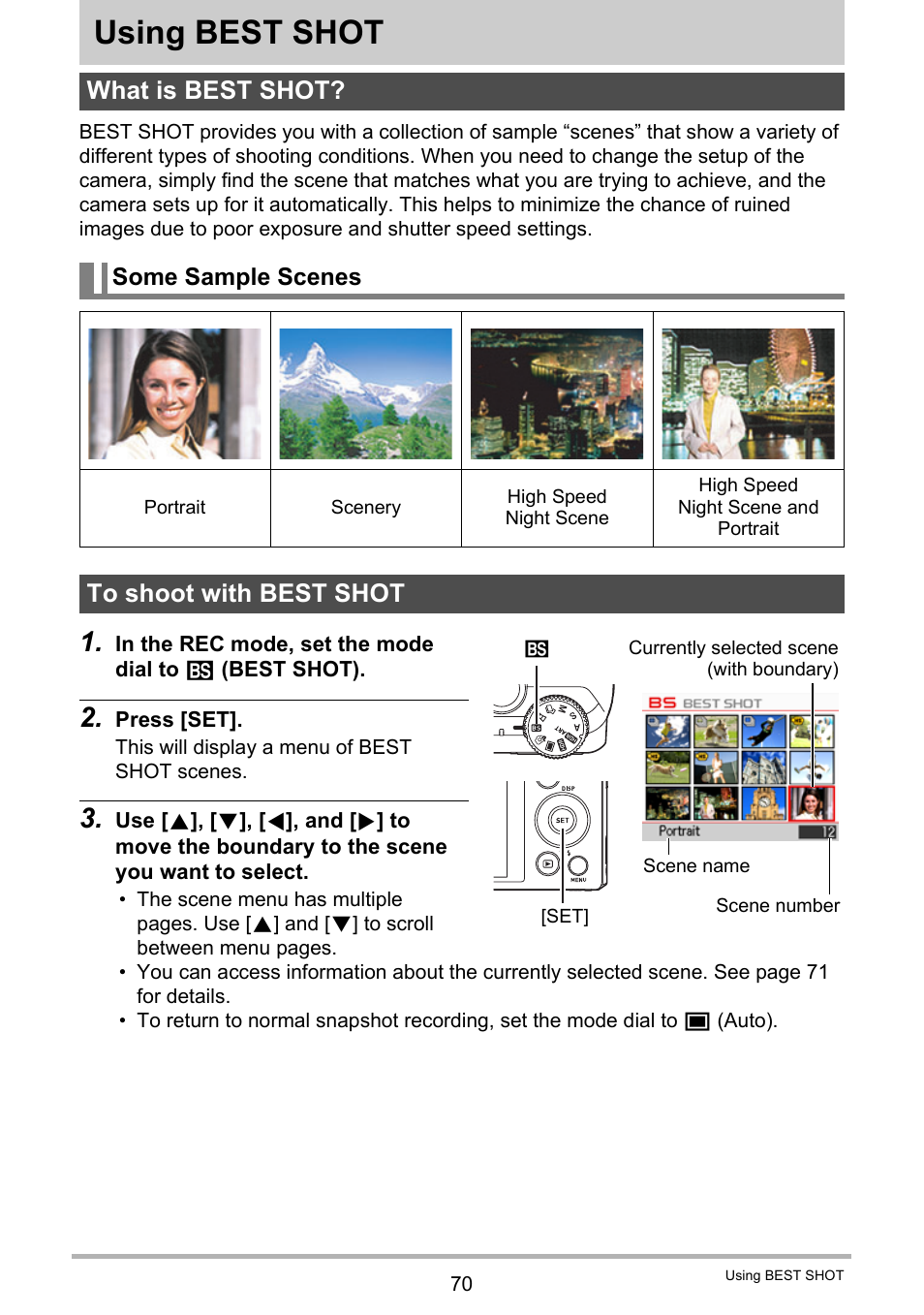 Using best shot, What is best shot, Some sample scenes | To shoot with best shot | Casio EXILIM EX-ZR100 User Manual | Page 70 / 205
