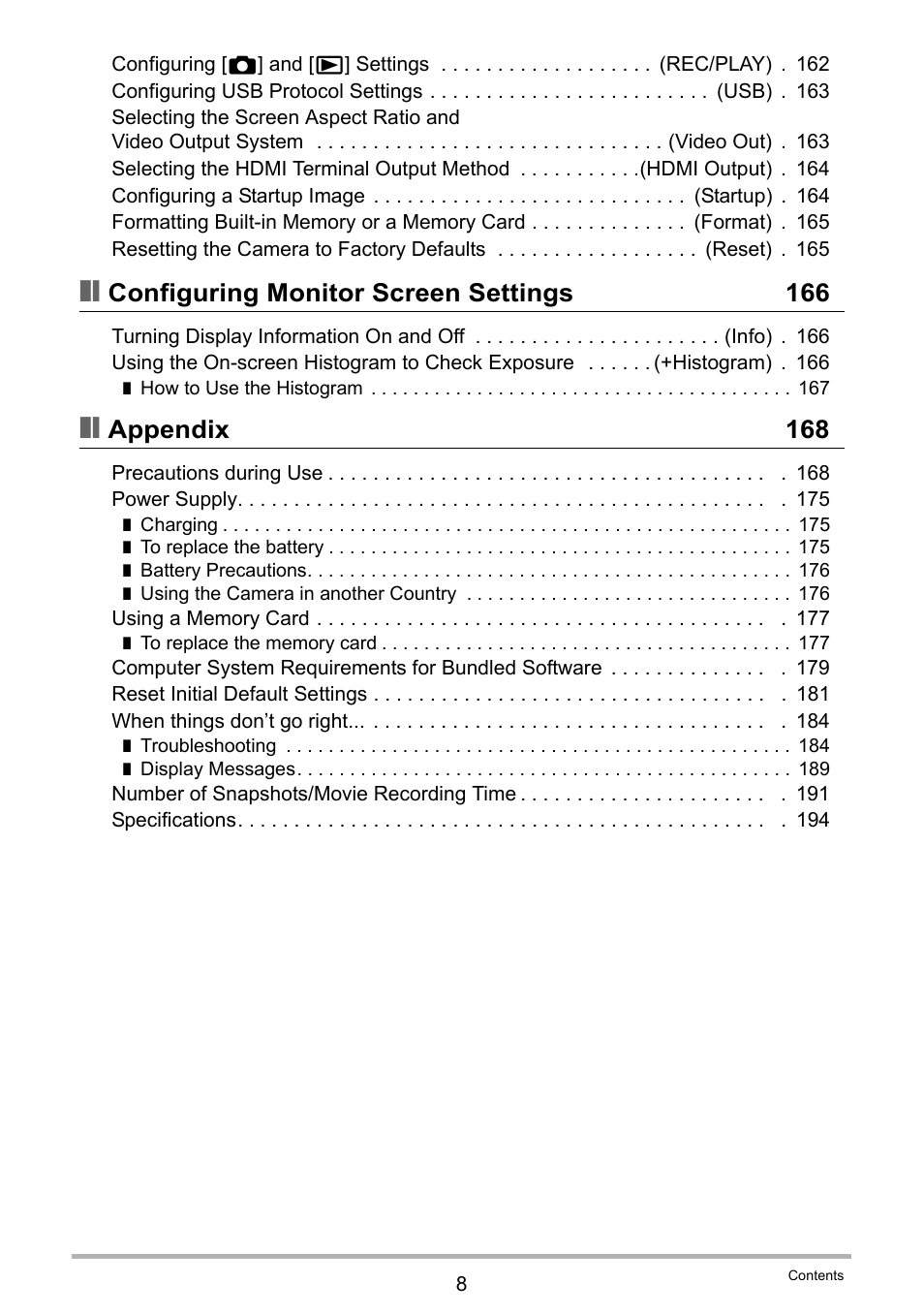 Configuring monitor screen settings 166, Appendix 168 | Casio EXILIM EX-ZR100 User Manual | Page 8 / 205