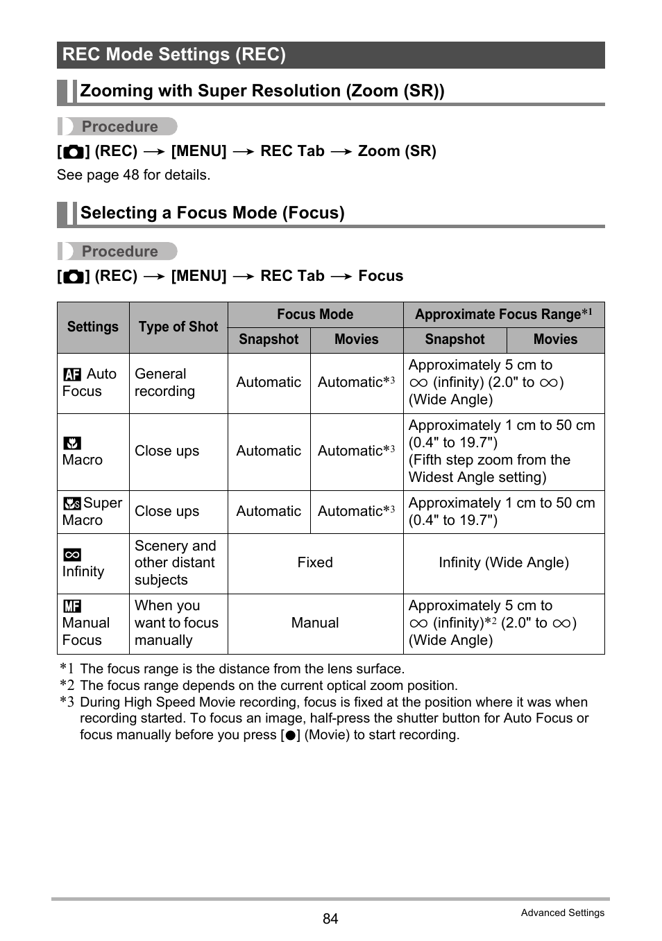 Rec mode settings (rec), Zooming with super resolution (zoom (sr)), Selecting a focus mode (focus) | Casio EXILIM EX-ZR100 User Manual | Page 84 / 205