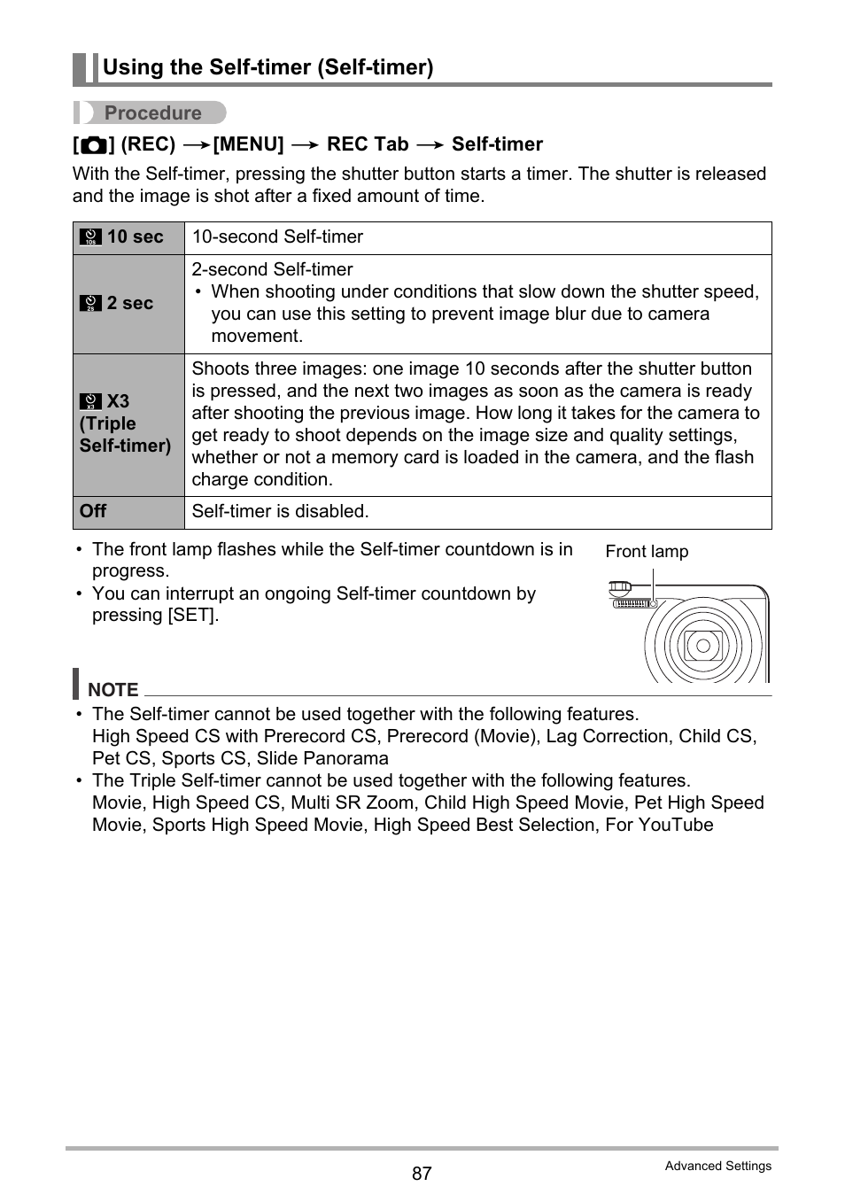 Using the self-timer (self-timer) | Casio EXILIM EX-ZR100 User Manual | Page 87 / 205