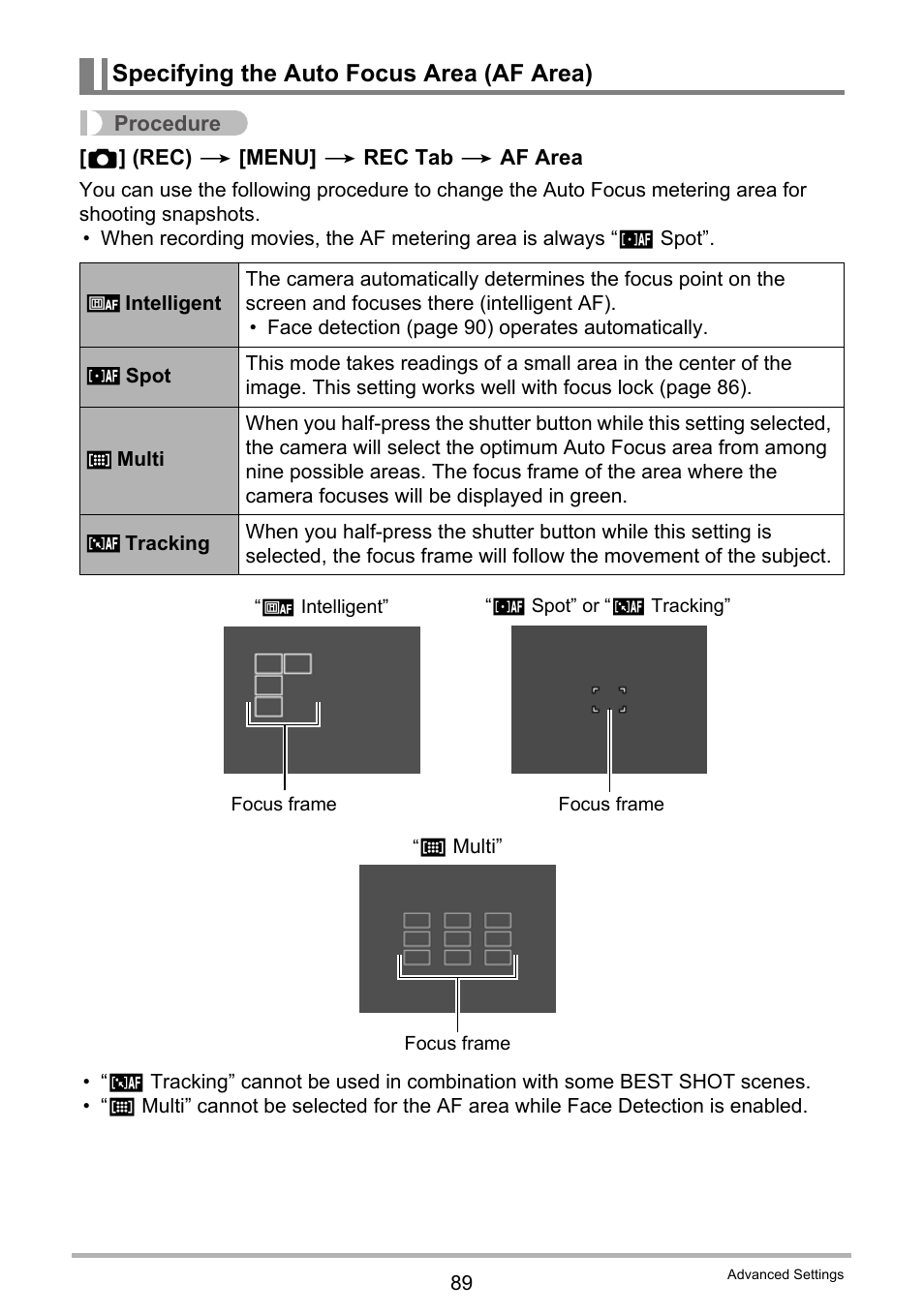 Specifying the auto focus area (af area) | Casio EXILIM EX-ZR100 User Manual | Page 89 / 205