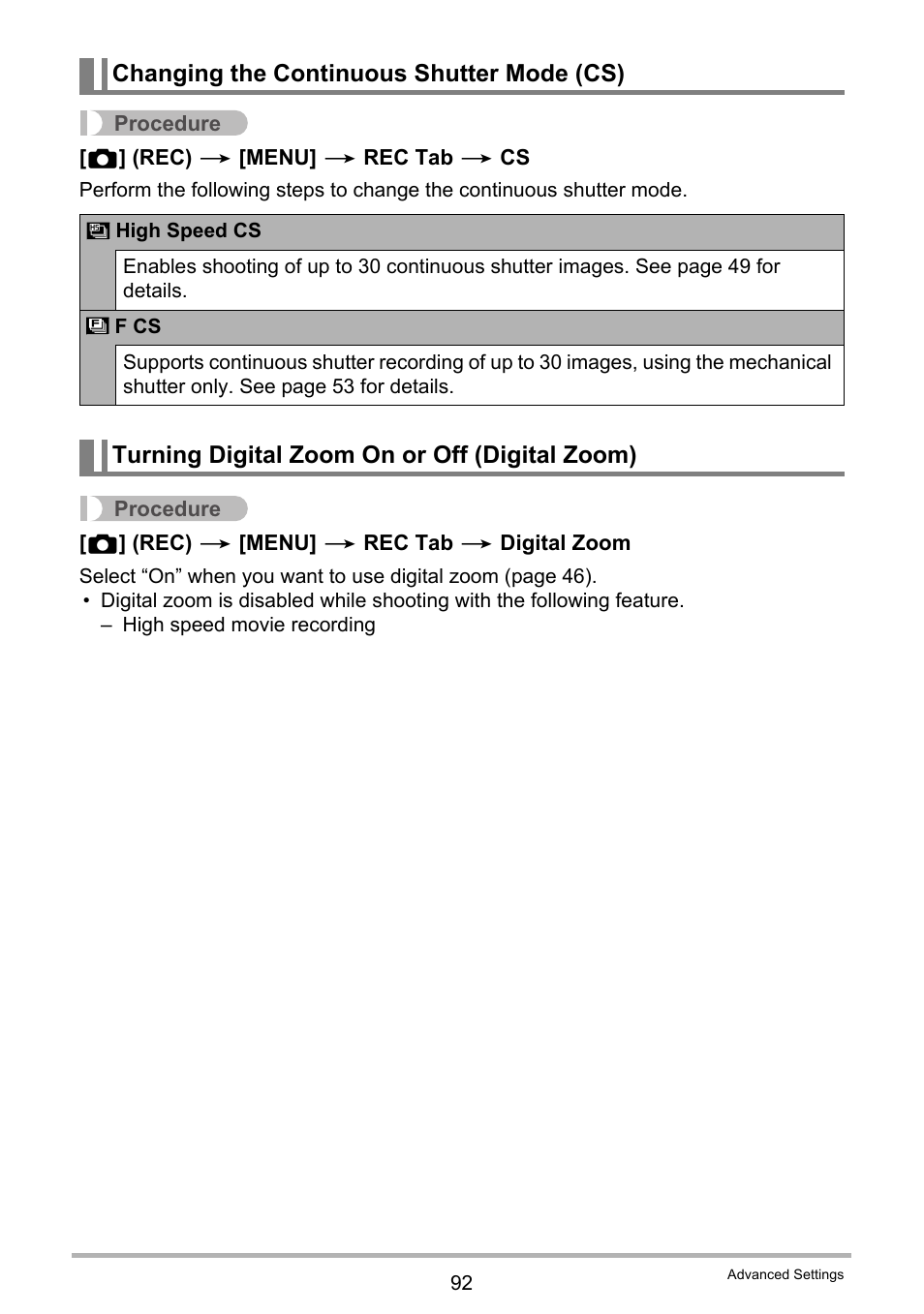 Changing the continuous shutter mode (cs), Turning digital zoom on or off (digital zoom) | Casio EXILIM EX-ZR100 User Manual | Page 92 / 205