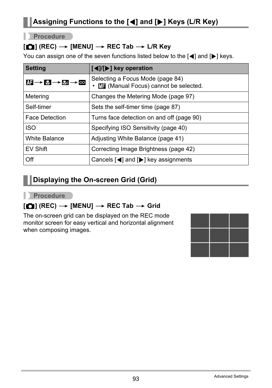 Displaying the on-screen grid (grid) | Casio EXILIM EX-ZR100 User Manual | Page 93 / 205