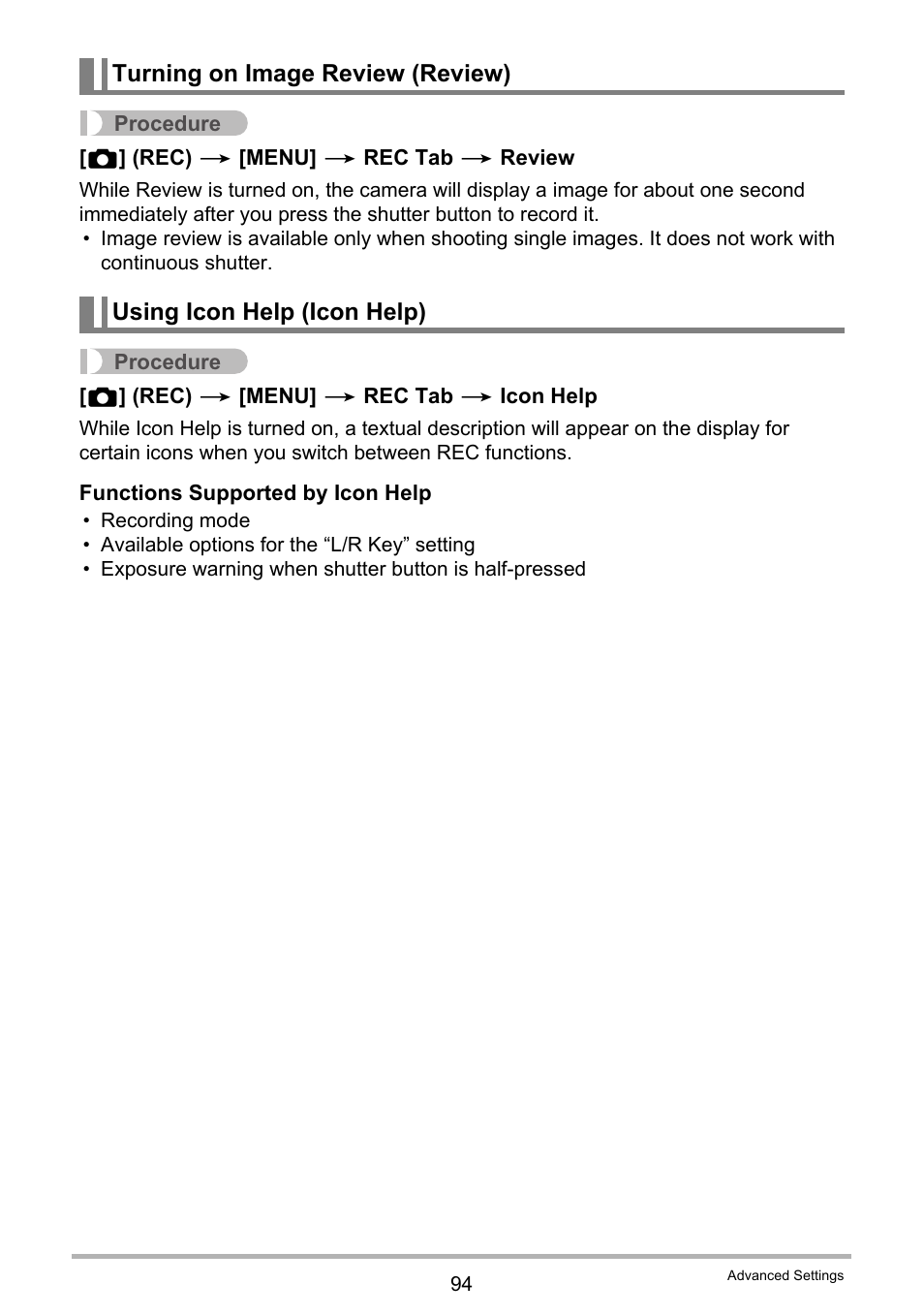 Turning on image review (review), Using icon help (icon help) | Casio EXILIM EX-ZR100 User Manual | Page 94 / 205